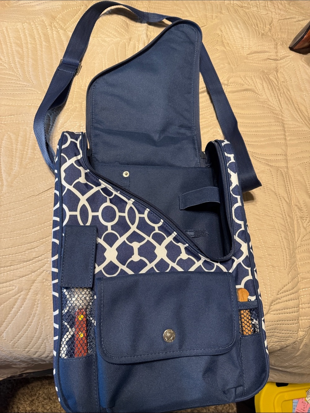 Wine Cheese Cooler Bag Picnic at Ascot with blue/white geometric pattern.  NWOTs